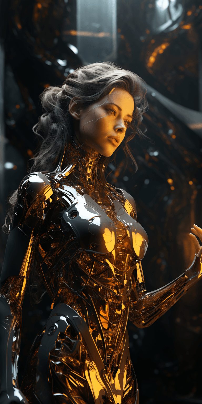 AI generated: a futuristic mechanical woman is posing with an open hand, in the style of dark silver and light gol...