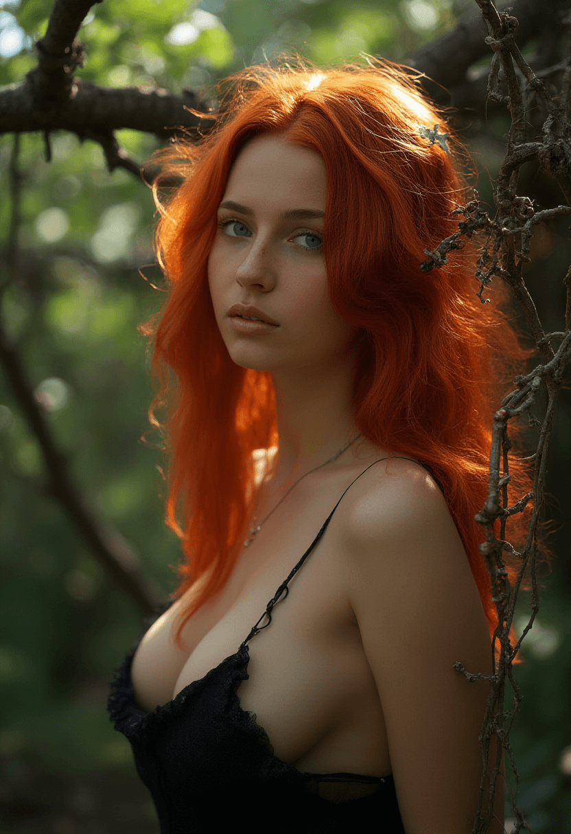 AI generated: A photorealistic portrait of an adult woman with vibrant red, shoulder-length, wavy hair and strikin...