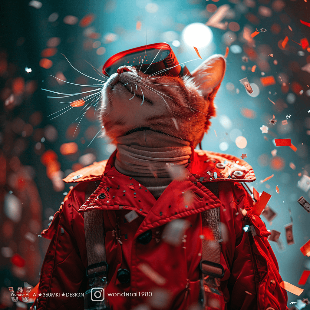 AI generated: n anthropomorphic cute cat wearing an virtual reality headset and Brioni Vanquish suit with paper mo...