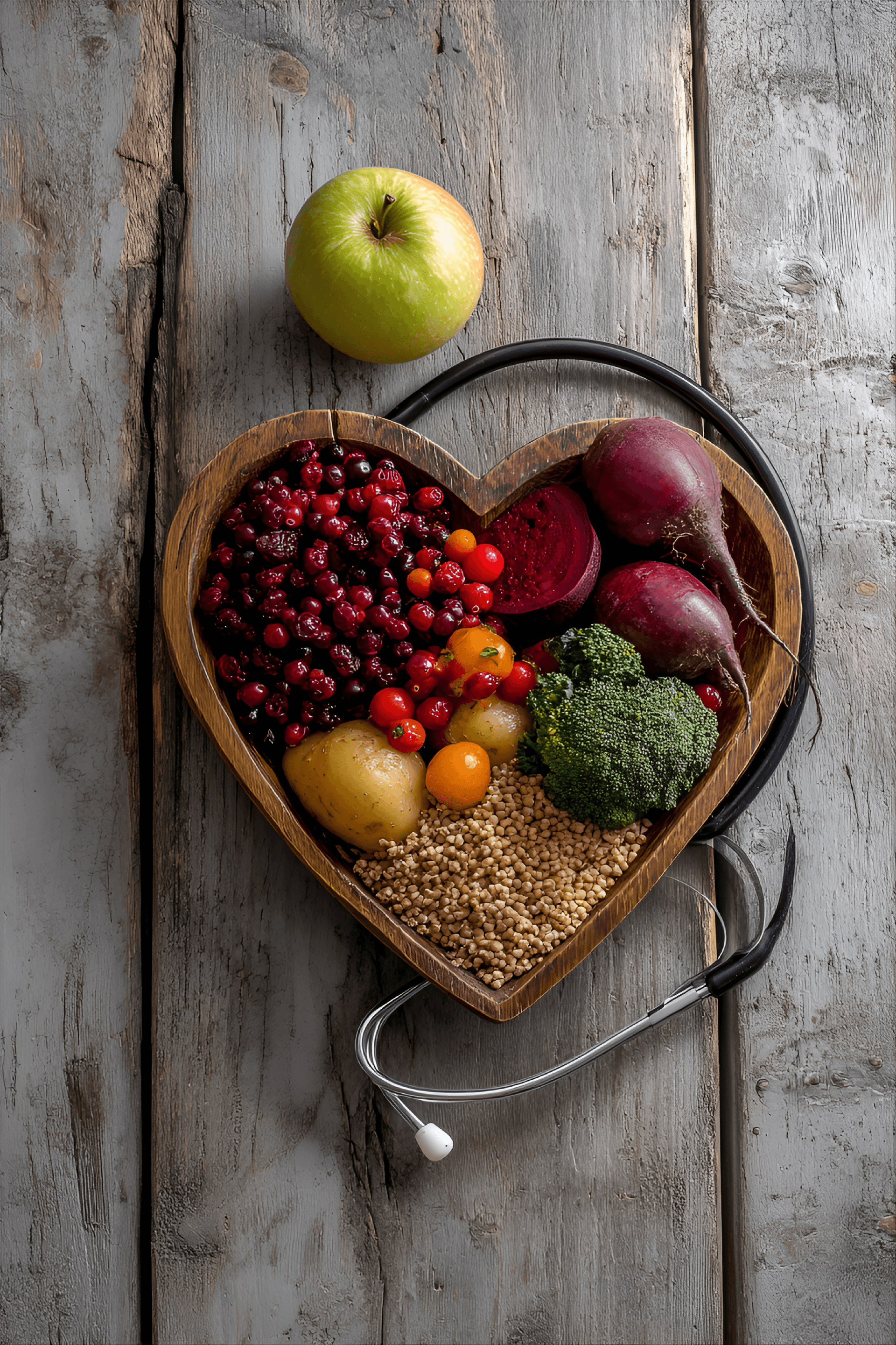 AI generated: heart-shaped wooden bowl filled with various fruits and vegetables sits on a weathered wooden table....