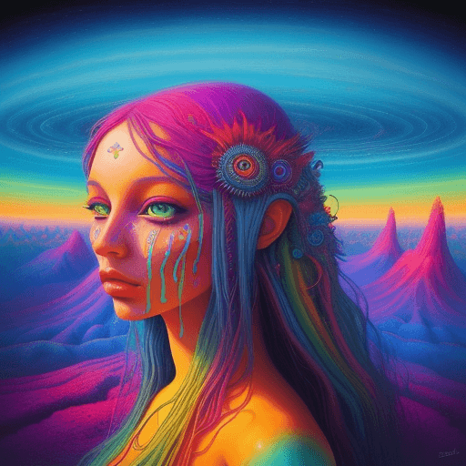 AI generated: trippy surreal hippie landscape view, surreal dreamscape, beautiful surreal female face is melting i...