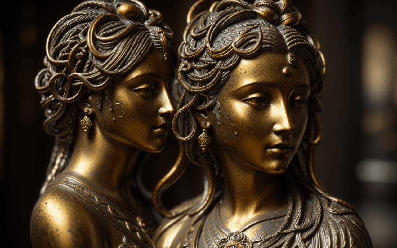 AI generated: one,barocco,interior statue andromeda ,hair snakes,decorative bronze,(patina:1.4),ambient occlusion,...