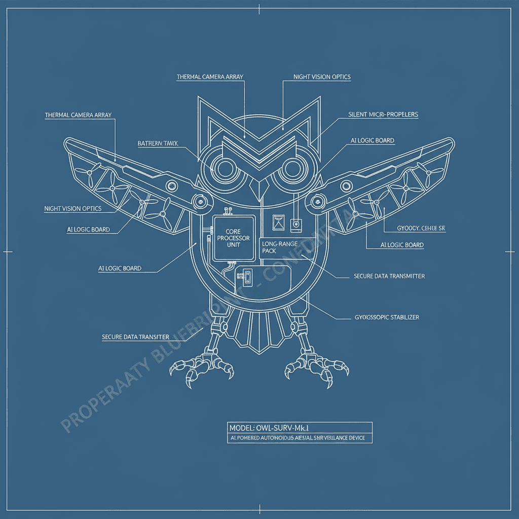 AI generated: Simple but technical close up of a blue print describing an AI powered owl used as as video surveill...