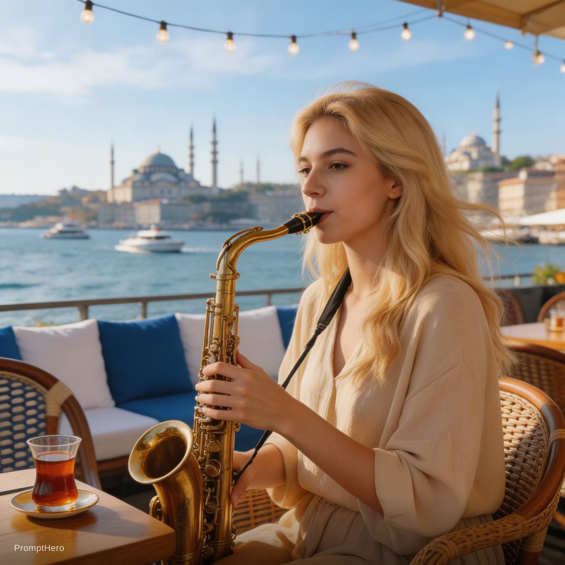 AI generated: A beautiful modern blonde Turkish girl sitting at a seaside cafe by the Bosphorus, playing a saxopho...