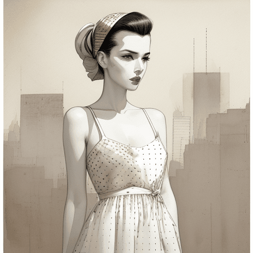 AI generated: Abstract fine line pencil sketch minimal watercolor color  high fashion woman in a modern urban 1950...
