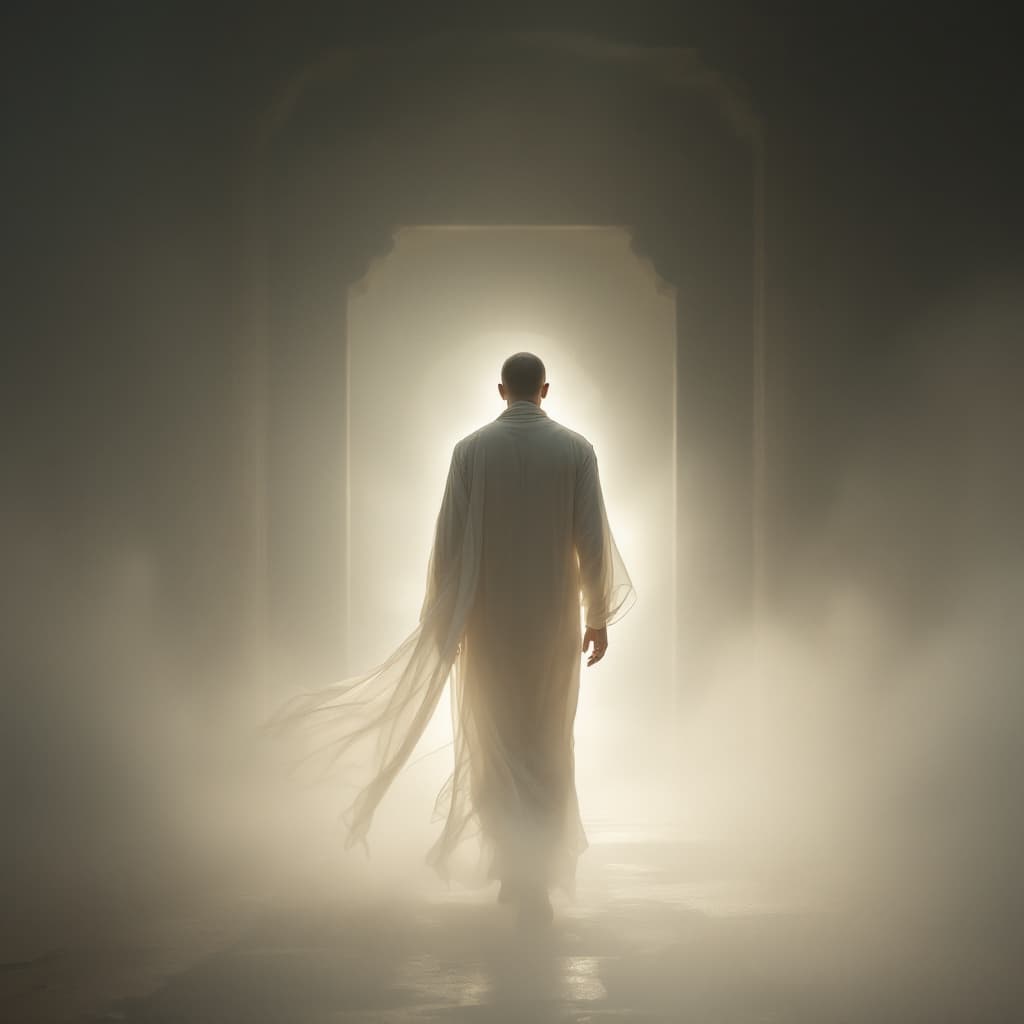 AI generated: A fine art, hyper-realistic, cinematic image of a man wearing a white long robe with his back to me ...