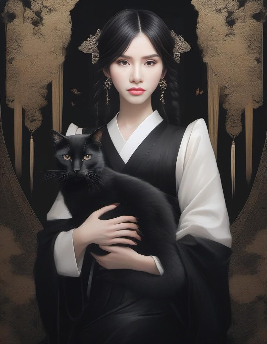AI generated: A girl with unforgiving eyes and a cat in her arms, girl in black Barlot dress, metal earrings, doub...