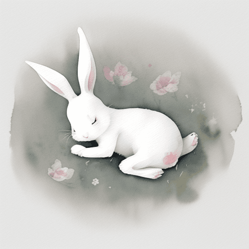 AI generated:  in the middle of the picture, a little white rabbit, looks simple and harmless, lying on its side,c...
