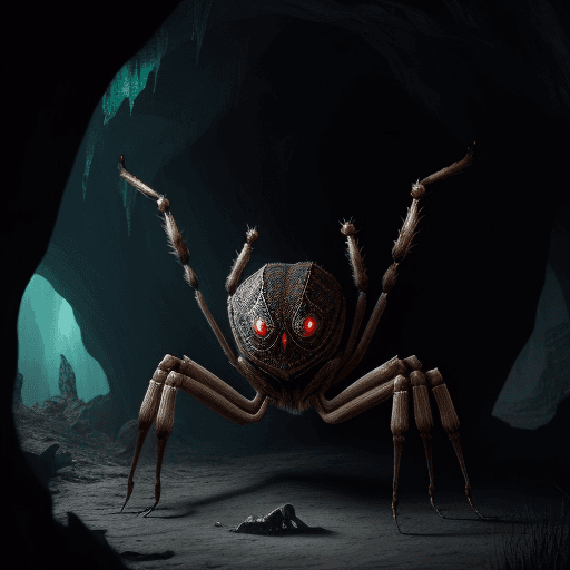 AI generated: haunting creature that looks like a spider, full body, reddish eyes, the background is a cave where ...