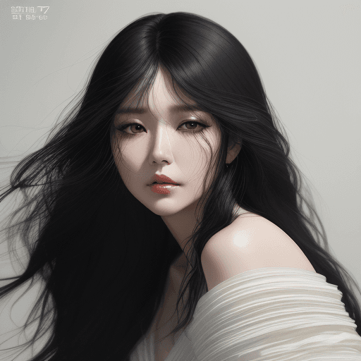 AI generated: a woman with flowing, black hair is posing, in the style of dain yoon, soft edges and blurred detail...