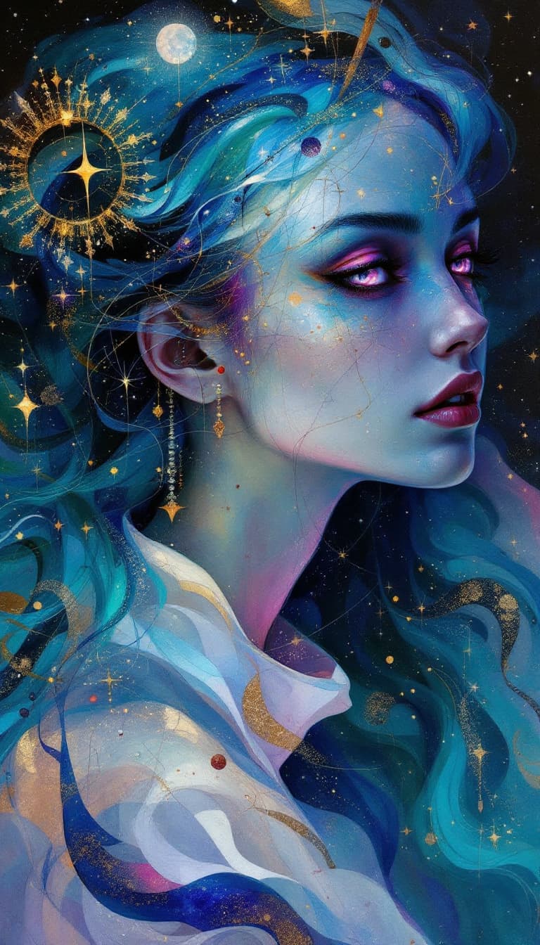 AI generated: "Aquamarine Dream Weaver in a Tapestry of Night": A mesmerizing abstract painting portrays a dream w...