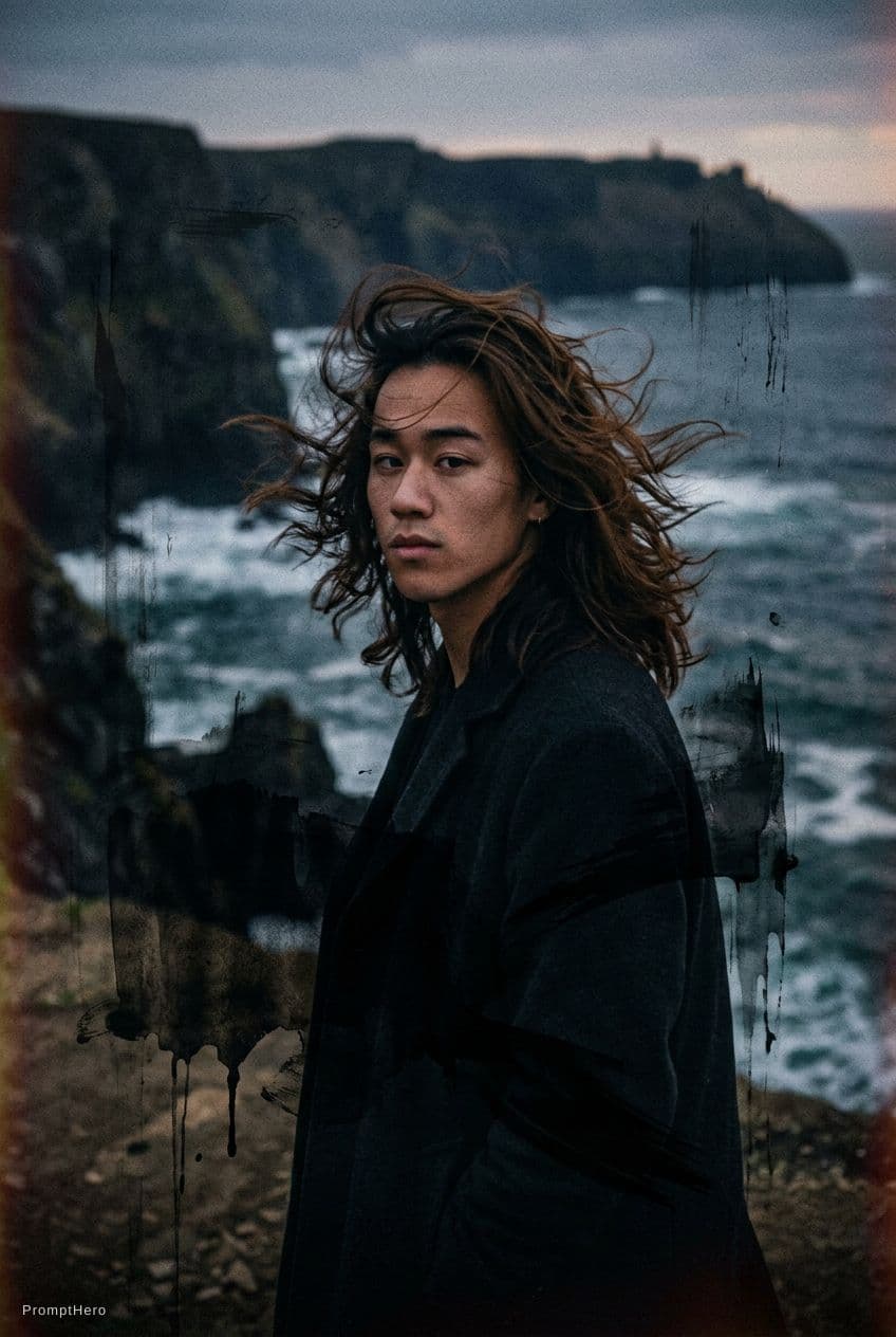 AI generated: a man with long wild hair on a windy day, in the style of toy camera effects, haunting elegance, fro...