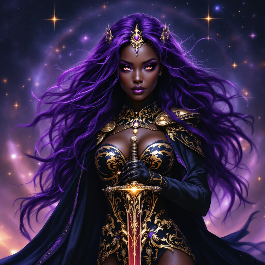 AI generated: Image of a female galactic royal empress,she wears light royal outfit colored black lined with viole...