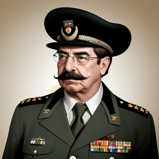 AI generated: Dinosaurio real con vestimenta militar, sombrero y bigotes como Leopoldo Rafael Videla, Dictador arg...