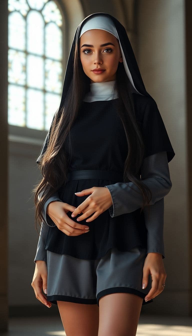 AI generated: Hyper realistic full body view of beautiful 14yo nun, indigen Face, long legs, Long Black Hair, very...
