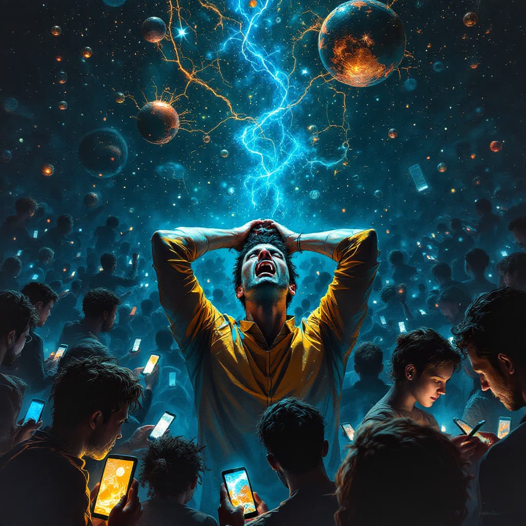 AI generated: A man in the middle of a crowd of people on their smartphones. The man is holding his head screaming...