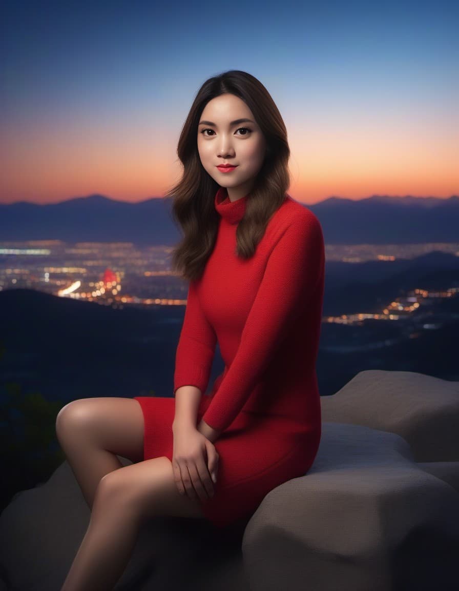 AI generated: A blonde woman in a red knit dress poses outdoors at twilight, seated on a stone surface with her ri...