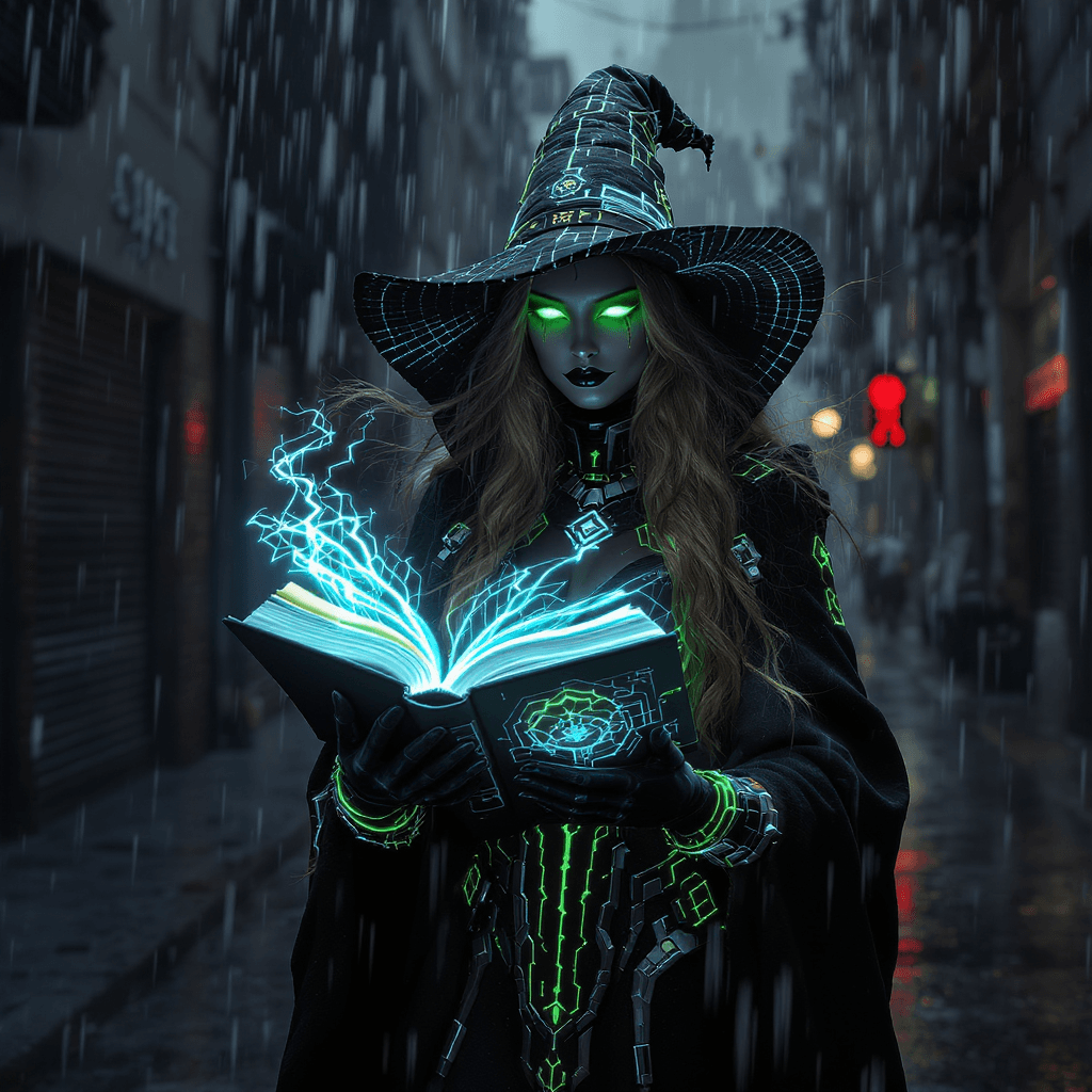 AI generated: A full-body ultra-realistic portrait of a futuristic digital witch in a Halloween costume, glowing r...