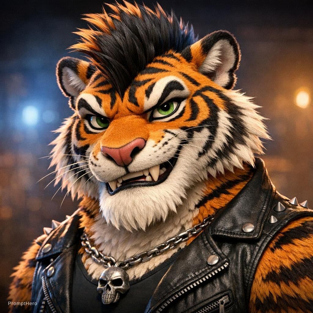 AI generated: Create a ultra high resolution Pixar style masculine Tiger with a Mohawk 
