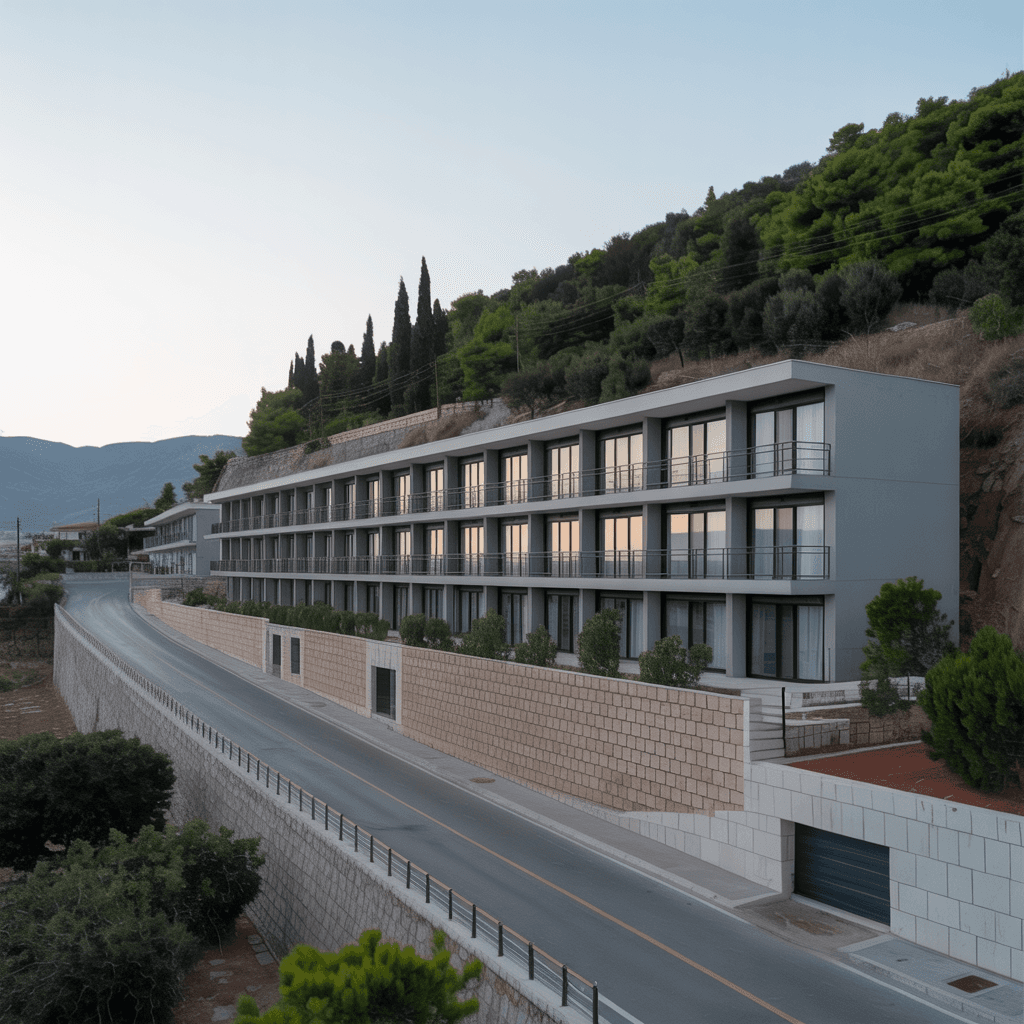 AI generated: A two floor hotel, semi underground, elongated towards the mountain and vertical relatively to the r...