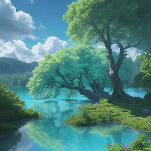 AI generated: epic trees in the background, clouds bright, trees green. Day. sun bright. lake blue crystal. Colorf...