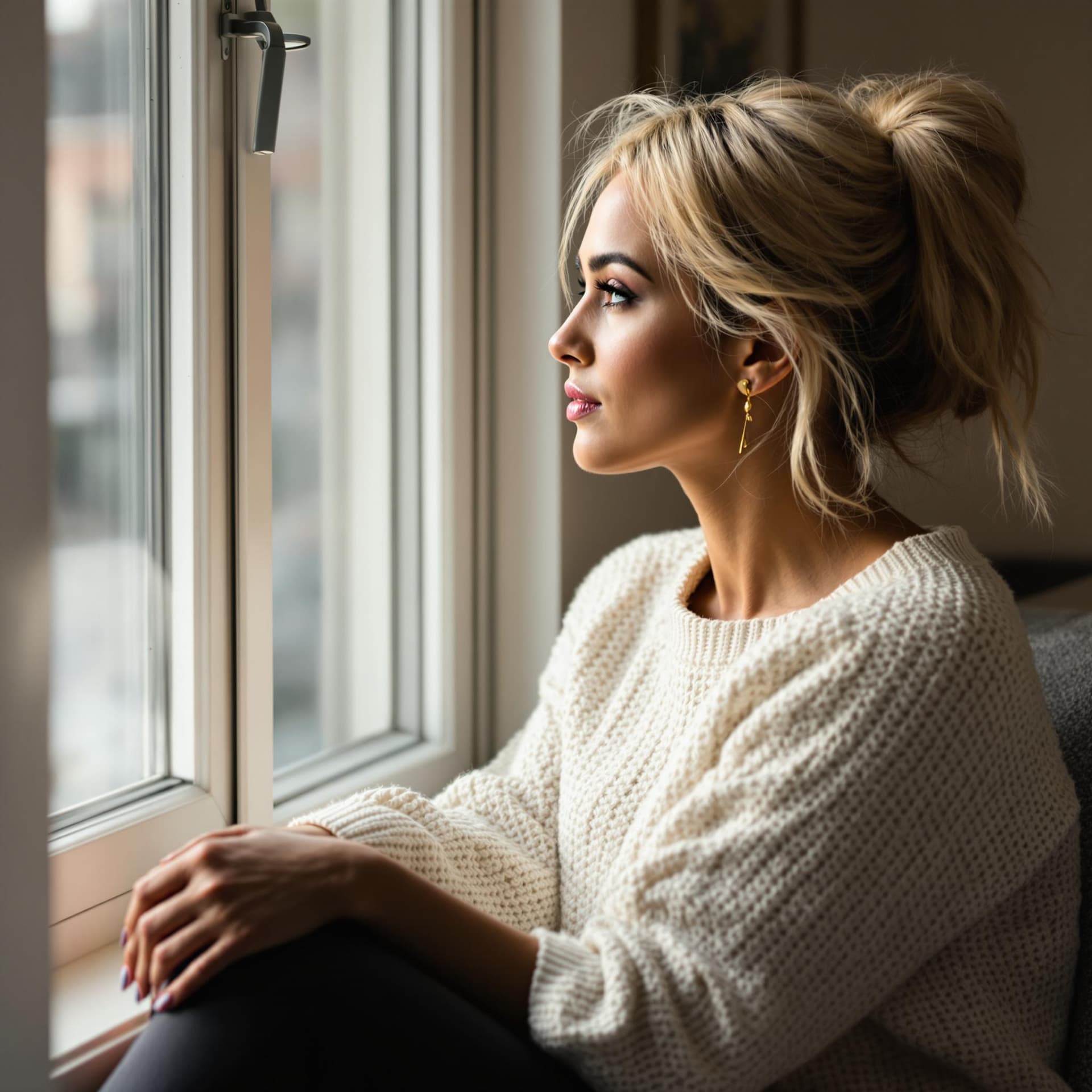 AI generated: A Indian woman sitting by a window in a side profile pose, gazing outside with a pensive expression....