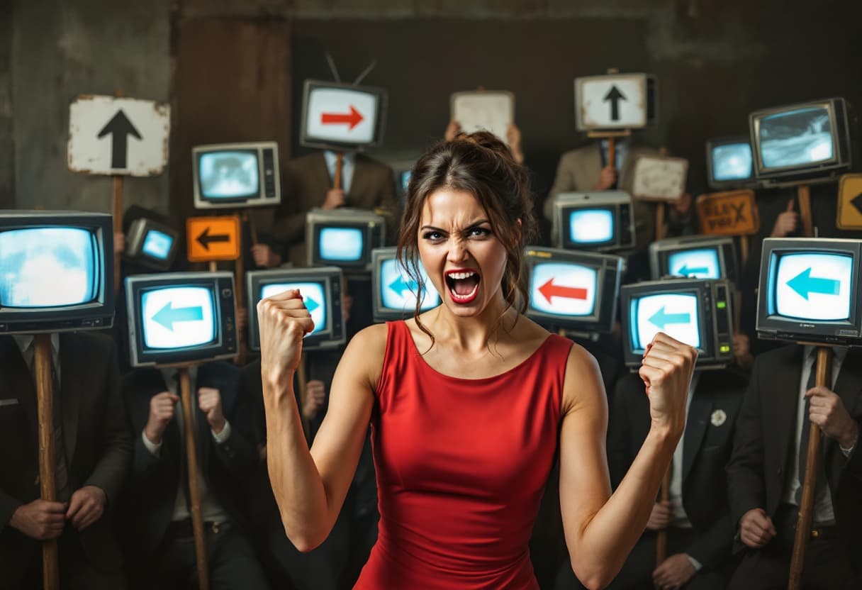 AI generated: A woman in a red dress clenches her fists in anger. Around there are people with TVs instead of head...