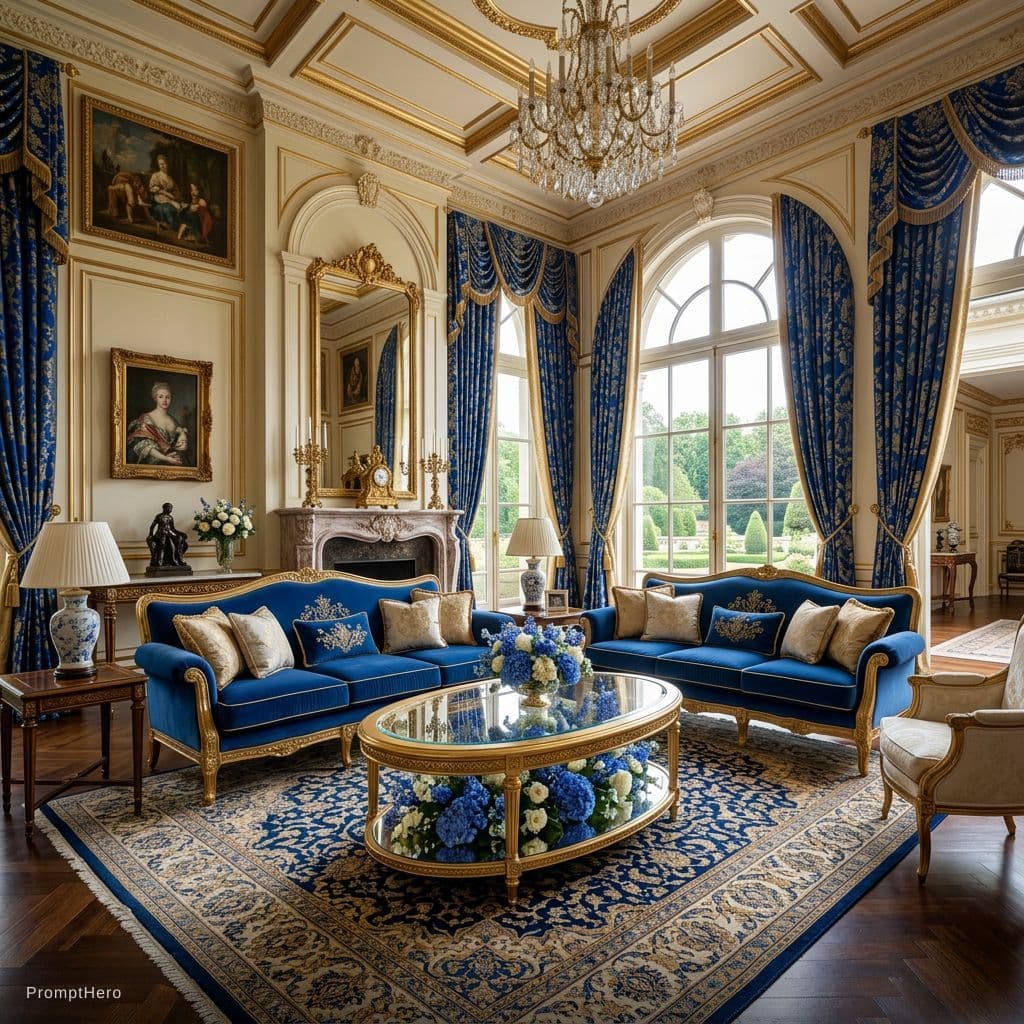 AI generated: luxury royal living room interior, blue velvet sofas, tall elegant curtains, large bright windows, o...