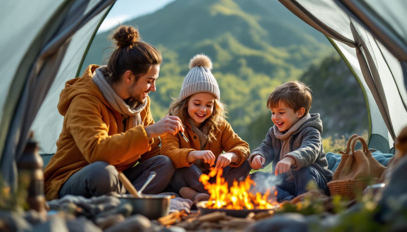 AI generated: A family, mom dad , 6 years old girl and 4 years old boy in the tent, they enjoy cooking in nature w...