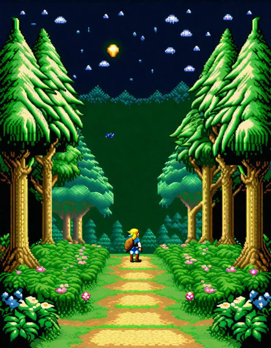 AI generated: 24-bit pixel art, enchanted forest with magical creatures, style of Legend of Zelda: A Link to the P...