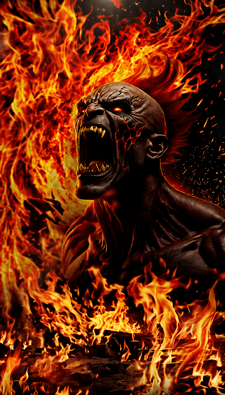 AI generated: The image features a man with a demonic appearance, screaming with his mouth wide open. He is surrou...