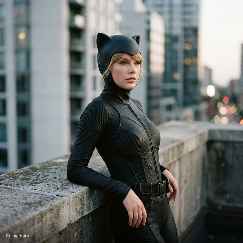 AI generated: Taylor Swift as a 2020s busty catwoman, Sony A7R IV full-frame camera, Zeiss 135mm f/2. 8 lens, Paul...