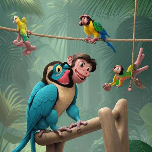 AI generated: Illustration: Coco playing with his friends—parrots, frogs, and other monkeys—who are all laughing a...