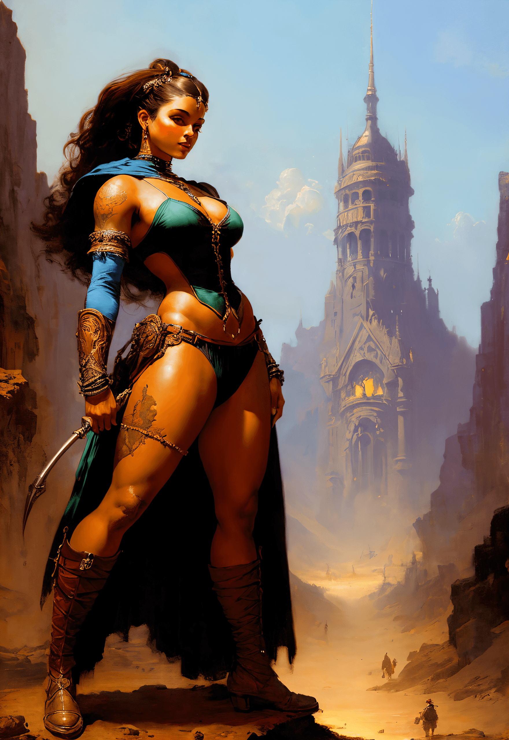 AI generated: style of Frank Frazetta, woman, UHD, HDR, 8K, (Masterpiece:1.5), (best quality:1.5)