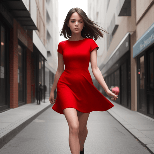 AI generated: Photo of a girl walking down the street wearing a red dress