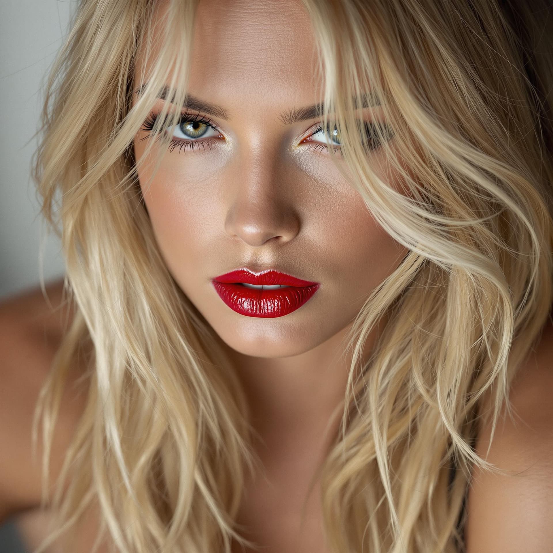 AI generated: white skin blonde with skinny hot face red lips and a hot skinny legs