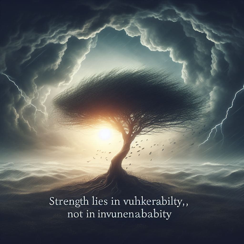 AI generated: "Strength lies in vulnerability, not in invulnerability." Image: A lone tree standing tall in a stor...