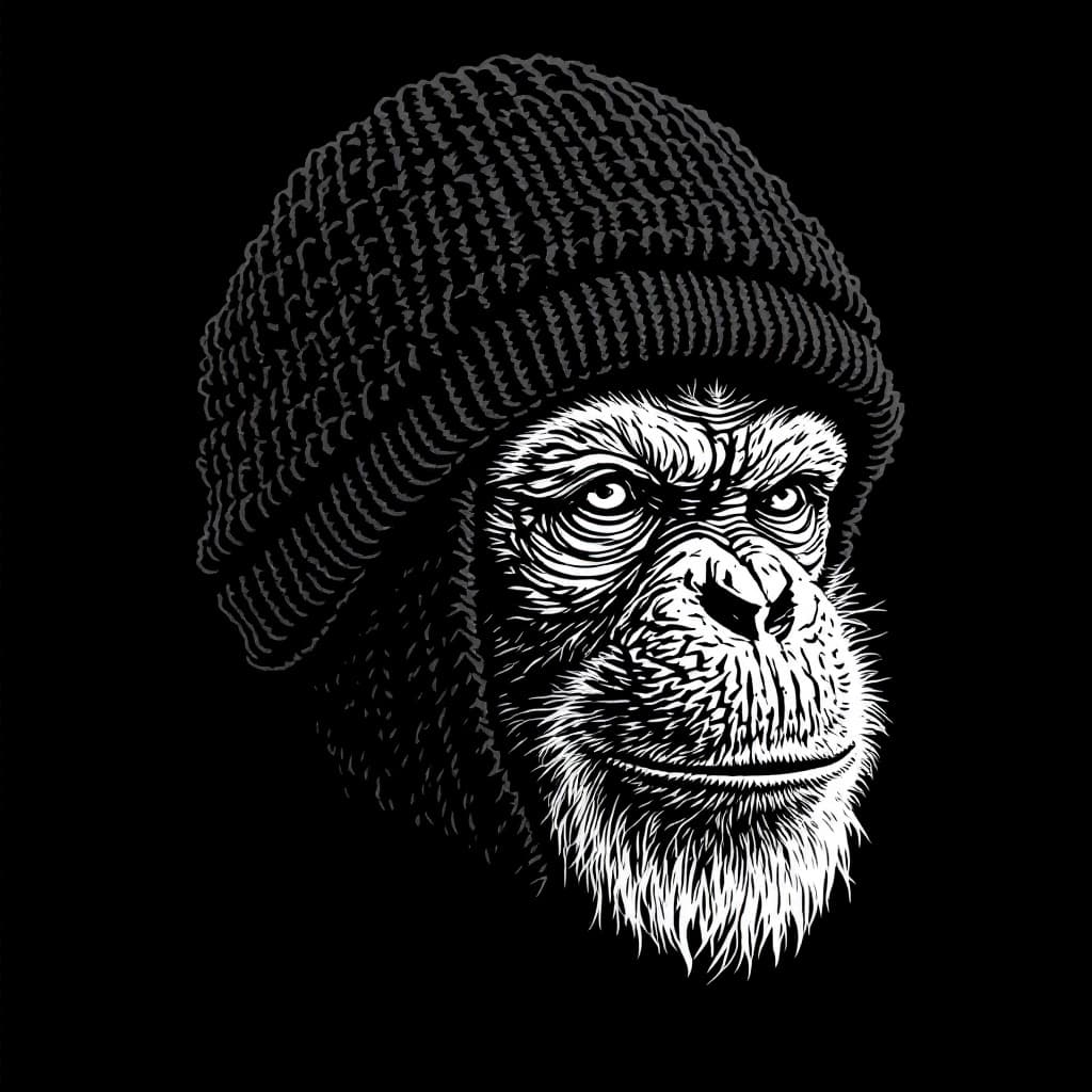 AI generated: chimpanzeeface, drawn in flat white ink on a ribbed knit balaklava (3-holes skimask)