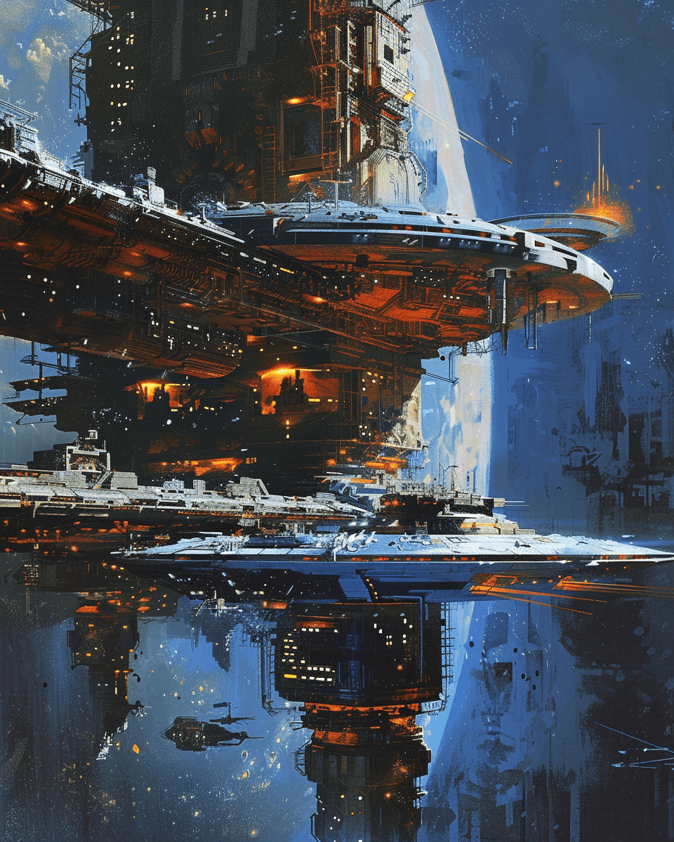 AI generated: A spaceship docked at an alien space station, in the style of John Berkey and Gerald Brommell, scifi...