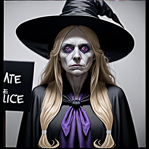 AI generated: A surprised woman with long blonde hair dressed as a witch with a hat, wearing a black robe with an ...