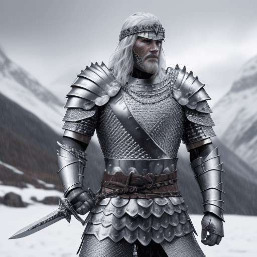 AI generated: Warrior man in chain mail armor wielding a sword, snowy mountainous background. He is a fierce warri...
