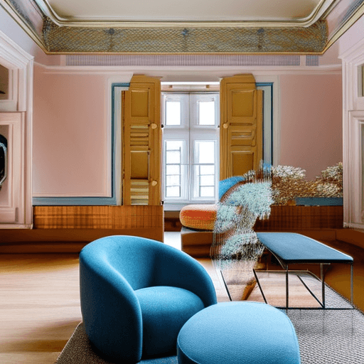 AI generated: High resolution photography interior design, dreamy sunken living room conversation pit, wooden floo...