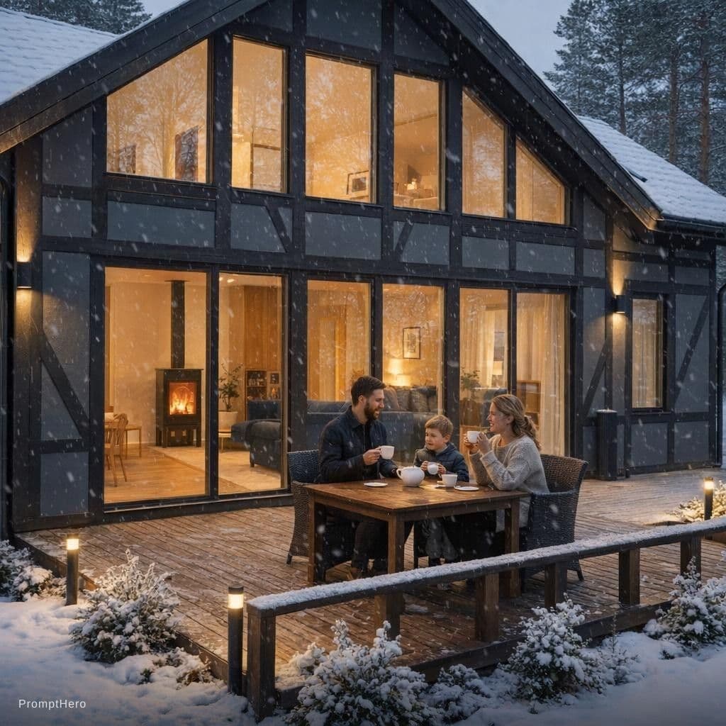 AI generated: Create a photo of a half-timbered house with panoramic windows. The house is dark gray, with a terra...