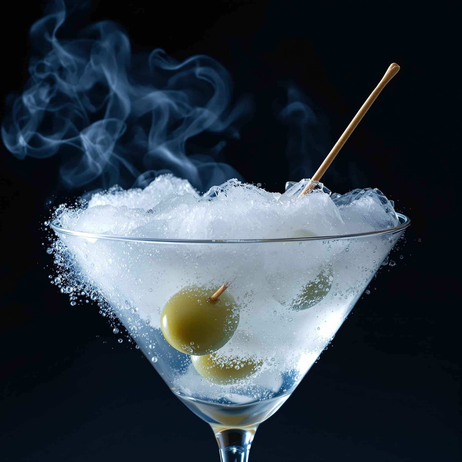 AI generated: award-winning photography of a perfect martini with dry ice in the vodka and fumes rising from the i...
