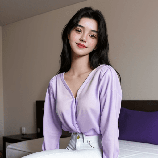 AI generated: A pretty 19 year old sitting on a hotel bed. She is wearing white jeans and a cute, purple blouse. S...