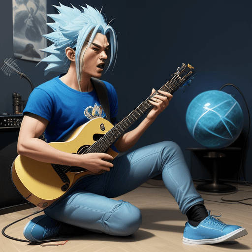 AI generated: super blue sayayin with guitar in hand and dragon sphere microphone on the floor