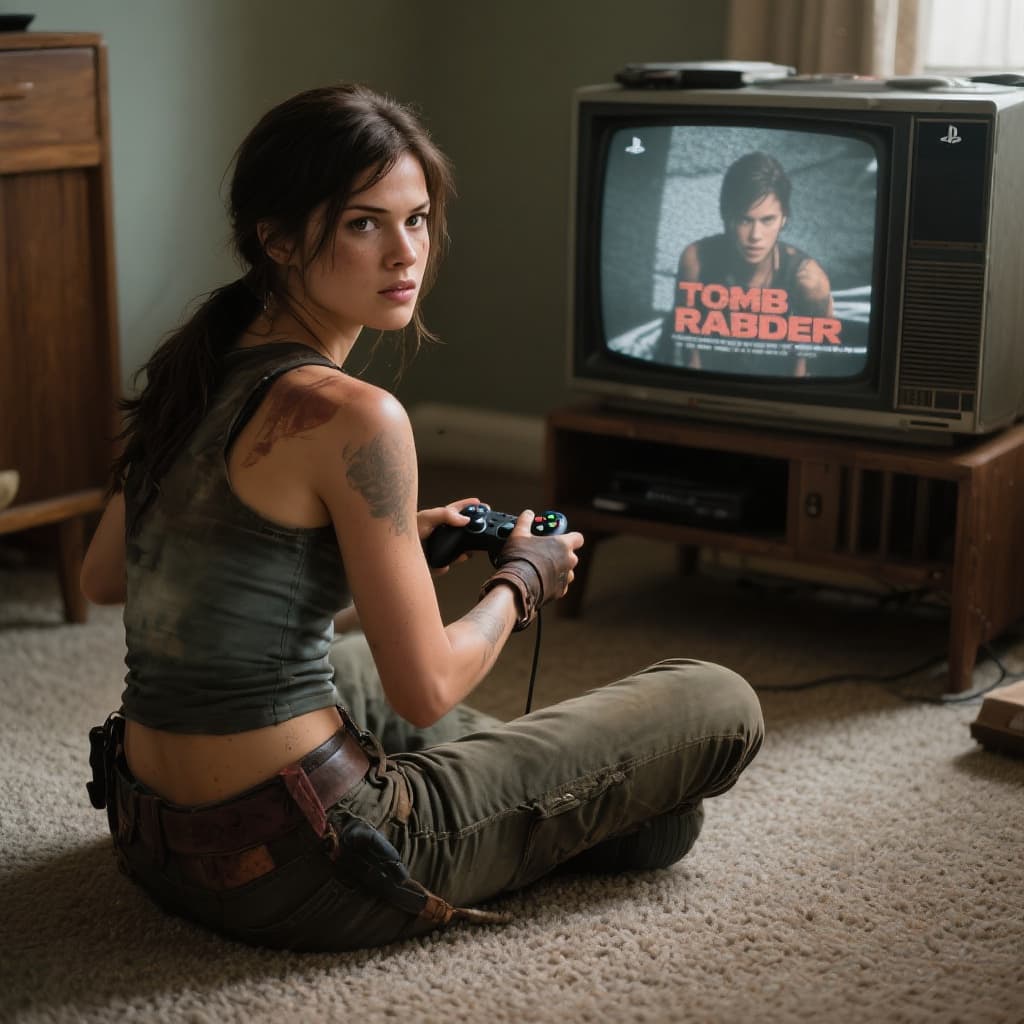 AI generated: lara croft sitting on the floor playing tomb raider on an old tv using playstation controller, looki...