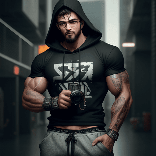 AI generated: Brutal Boxer, muscular, trim, male, cyberpunk, short disheveled hair, intricate details, baggy pants...