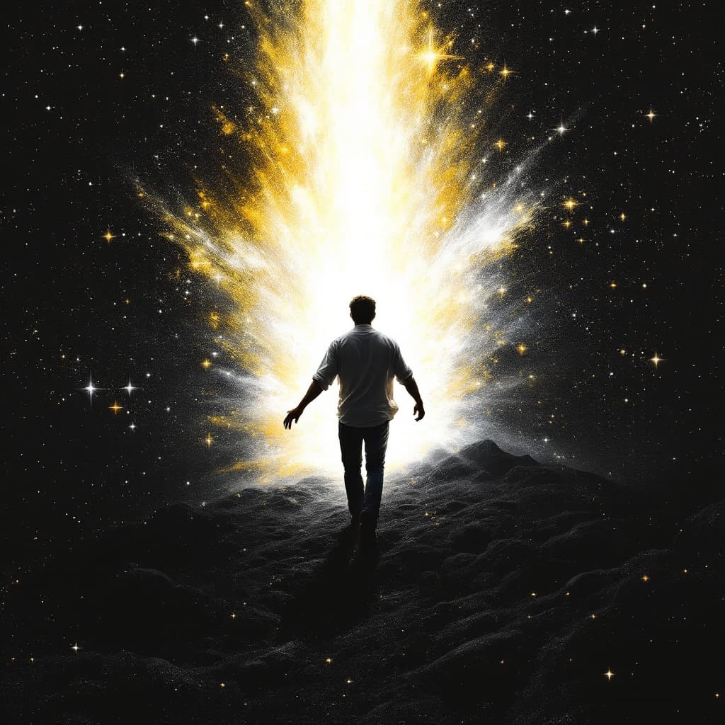 AI generated: Artistic illustration of a cold, black universe with stars in the background,  a lone figure (man) w...
