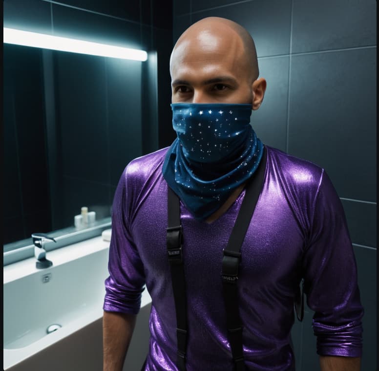 AI generated: A stylish, slim, young man with a shaved head and little beard stands confidently next to a rain-sli...